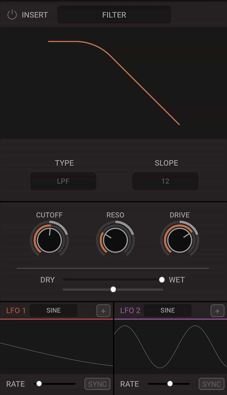 Filter - A classic synthesizer filter with selectable slopes and modes that lets you filter down low frequencies, high frequencies or both low and high frequencies around the selected band.