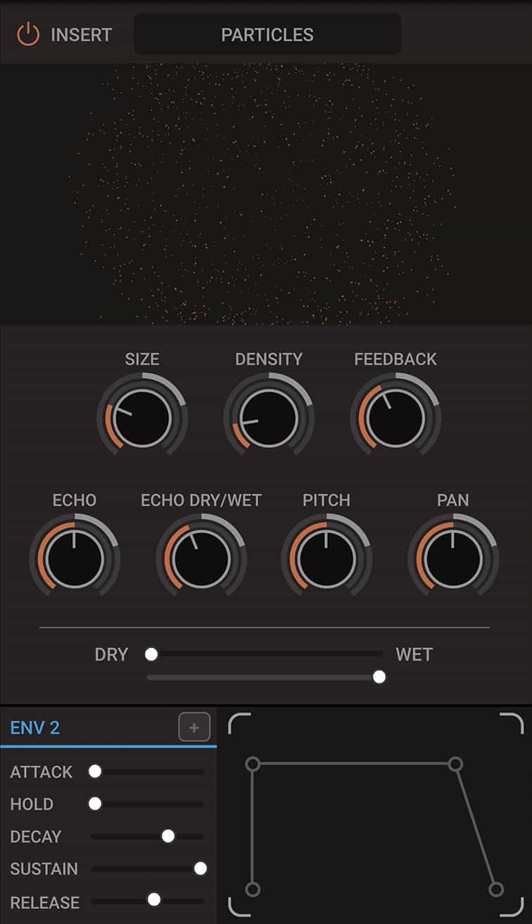 Particles - A new advanced digital delay with pitch shifting and a complex, enveloping feedback path that can create everything from simple echoes to sci-fi stutters to sustaining clouds.